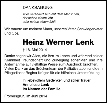 Todesanzeige von Heinz Werner Lenk von Plauen