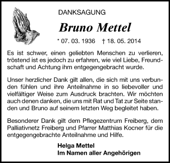 Todesanzeige von Bruno Mettel von Freiberg / Brand Erbisdorf