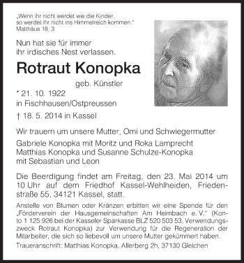 Todesanzeige von Rotraut Konopka von HNA