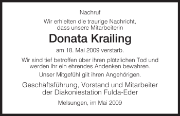 Todesanzeige von Donata Krailing von HNA