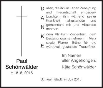 Todesanzeige von Paul Schönwälder von HNA