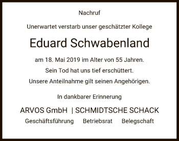 Todesanzeige von Eduard Schwabenland von HNA