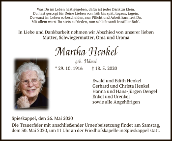 Todesanzeige von Martha Henkel von HNA
