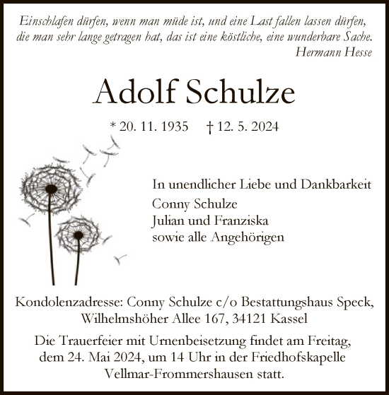 Todesanzeige von Adolf Schulze von HNA
