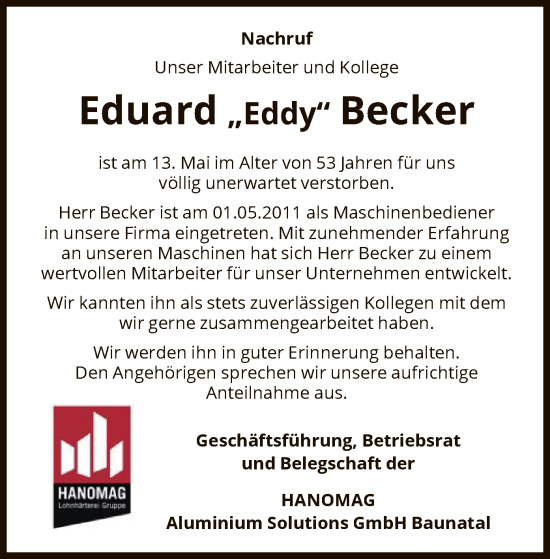 Todesanzeige von Eduard Becker von HNA