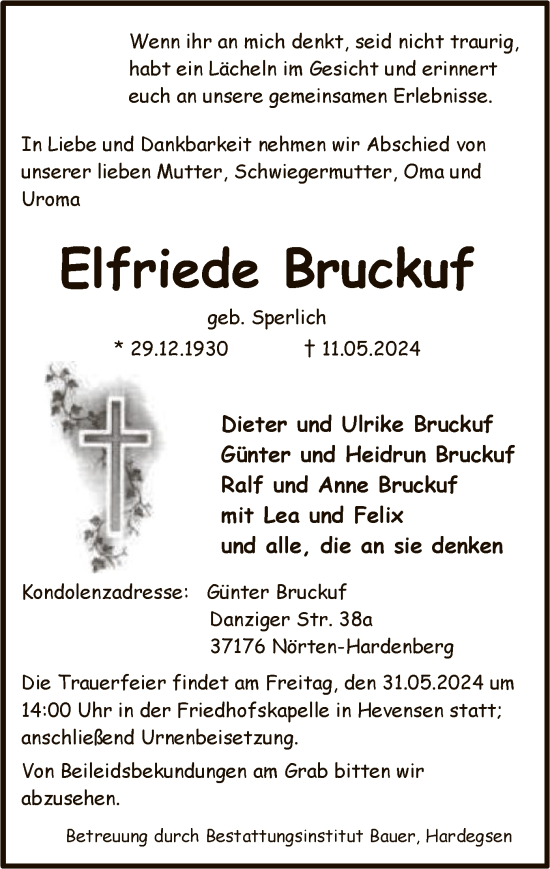 Todesanzeige von Elfriede Bruckuf von HNA