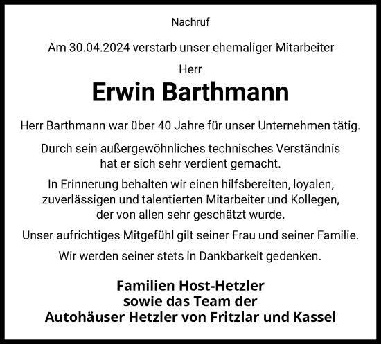 Todesanzeige von Erwin Barthmann von HNAHNA
