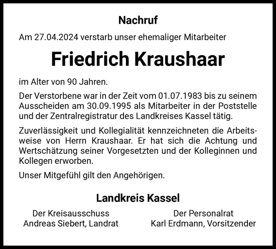 Todesanzeige von Friedrich Kraushaar von HNA