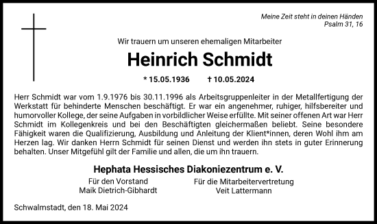 Todesanzeige von Heinrich Schmidt von HNA