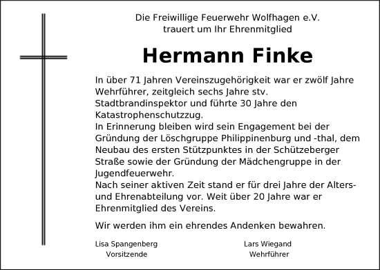 Todesanzeige von Hermann Finke von HNA