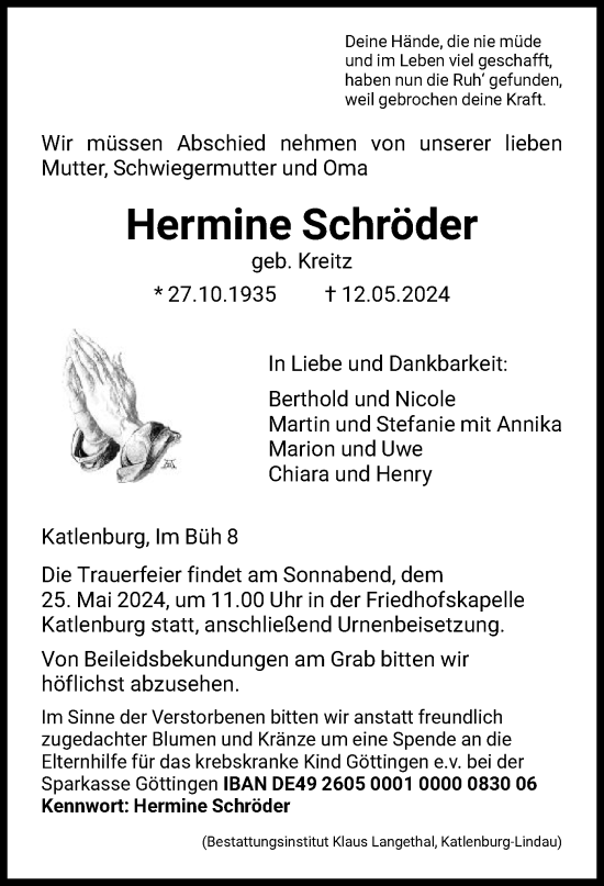 Todesanzeige von Hermine Schröder von HNA