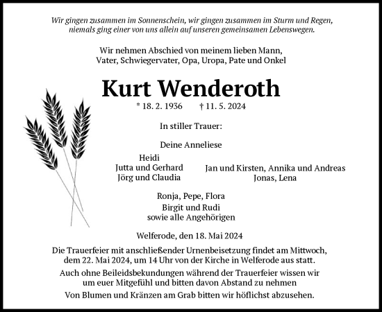 Todesanzeige von Kurt Wenderoth von HNA