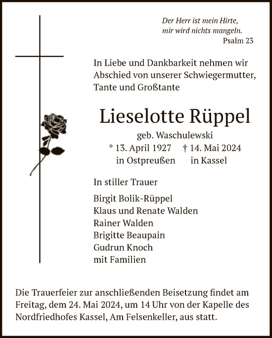 Todesanzeige von Lieselotte Rüppel von HNA
