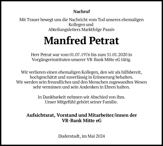 Todesanzeige von Manfred Petrat von HNA