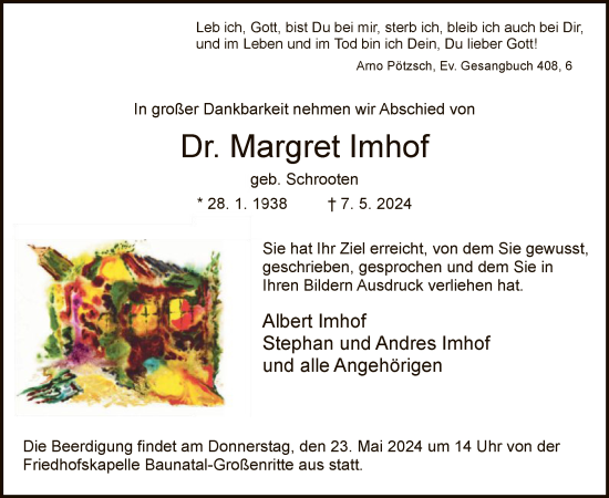 Todesanzeige von Margret Imhof von HNA