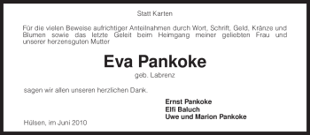 Todesanzeige von Eva Pankoke von KREISZEITUNG SYKE
