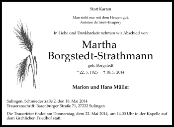 Todesanzeige von Martha Borgstedt-Strathmann von KRZ