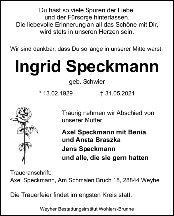 Todesanzeige von Ingrid Speckmann von SYK