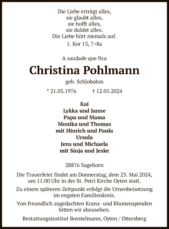 Todesanzeige von Christina Pohlmann von SYK