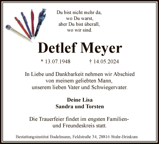 Todesanzeige von Detlef Meyer von SYK