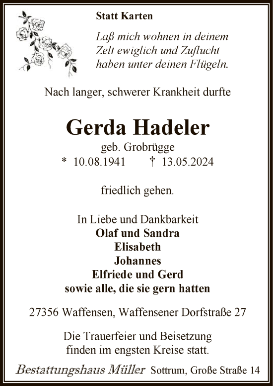 Todesanzeige von Gerda Hadeler von SYK
