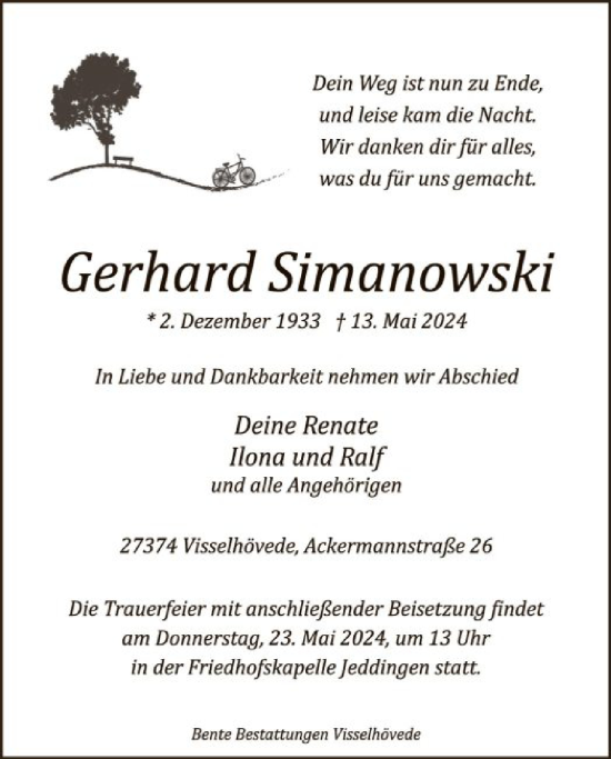 Todesanzeige von Gerhard Simanowski von SYK