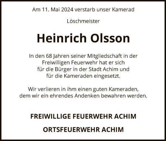 Todesanzeige von Heinrich Olsson von SYK