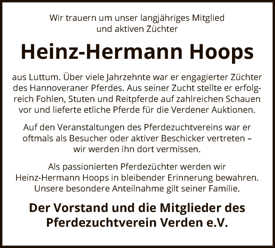 Todesanzeige von Heinz-Hermann Hoops von SYK