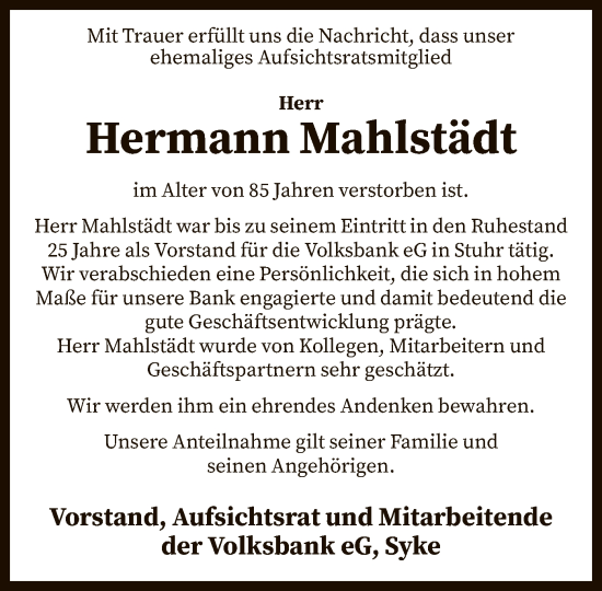 Todesanzeige von Hermann Mahlstädt von SYK