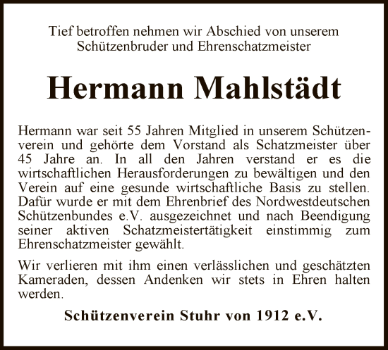 Todesanzeige von Hermann Mahlstädt von SYK