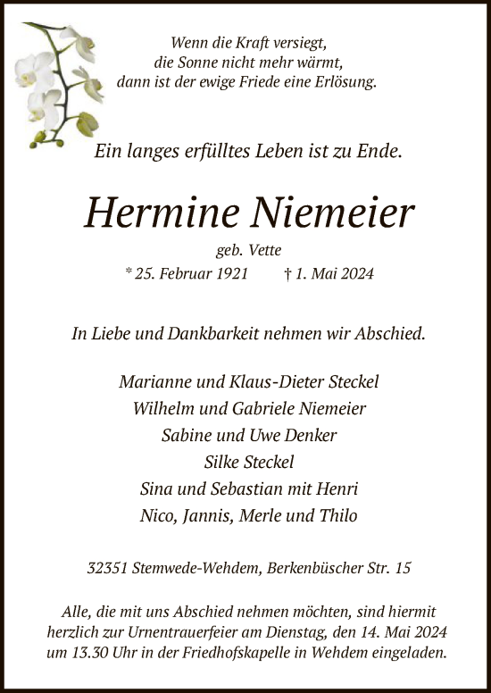 Todesanzeige von Hermine Niemeier von SYK