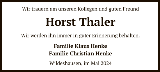 Todesanzeige von Horst Thaler von SYK