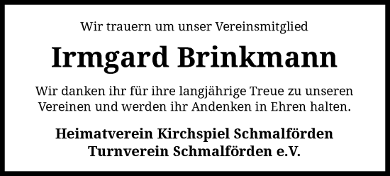 Todesanzeige von Irmgard Brinkmann von SYK