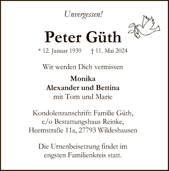 Todesanzeige von Peter Güth von SYK