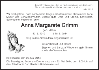 Todesanzeige von Anna Margarete Grimm von Hersfeld