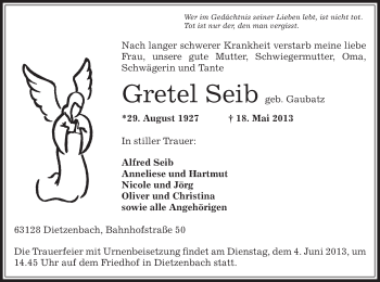 Todesanzeige von Gretel Seib von Offenbach