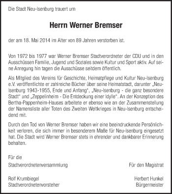 Todesanzeige von Werner Bremser von Offenbach