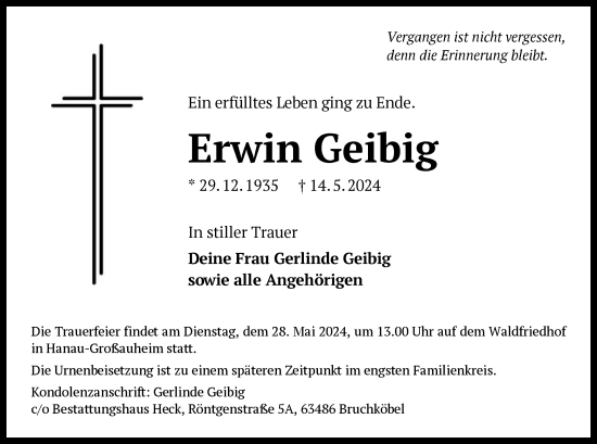 Todesanzeige von Erwin Geibig von OF