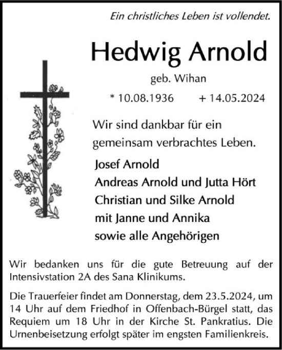 Todesanzeige von Hedwig Arnold von OF