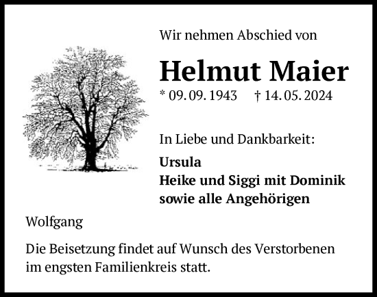 Todesanzeige von Helmut Maier von OF