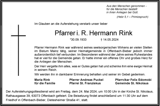 Todesanzeige von Hermann Rink von OF