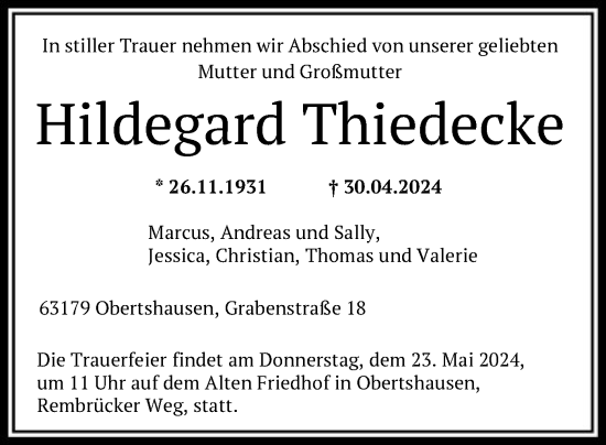 Todesanzeige von Hildegard Thiedecke von OF