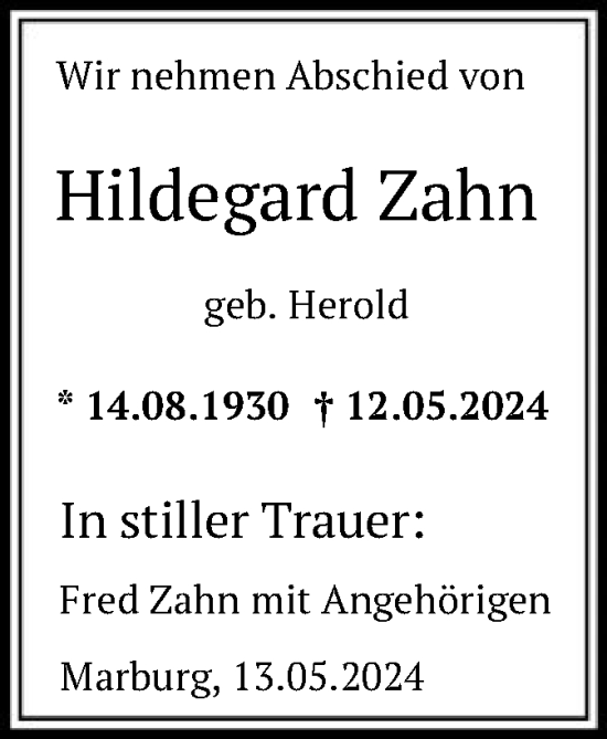 Todesanzeige von Hildegard Zahn von OF