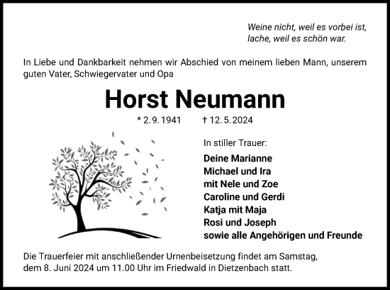 Todesanzeige von Horst Neumann von OF