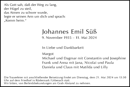 Todesanzeige von Johannes Emil Süß von OF