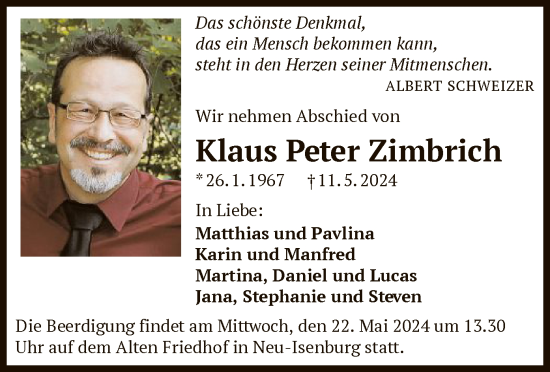 Todesanzeige von Klaus Peter Zimbrich von OF
