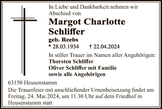 Todesanzeige von Margot Charlotte Schliffer von OF