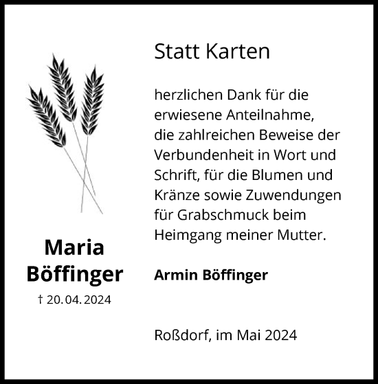 Todesanzeige von Maria Böffinger von OF
