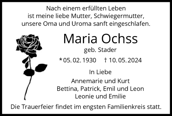 Todesanzeige von Maria Ochss von OF