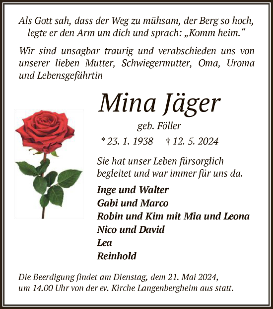 Todesanzeige von Mina Jäger von OF